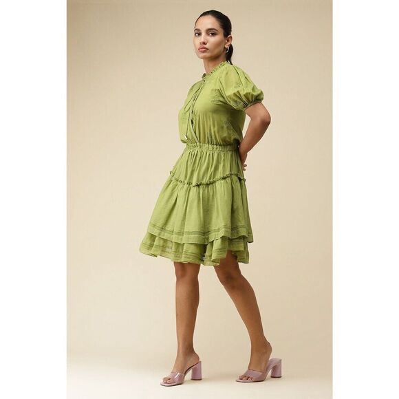 LABEL RITU KUMAR GREEN SOLID TIE UP SHORT DRESS Size Small Puff Sleeve - Picture 5 of 12